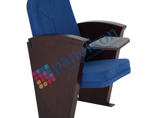 ROM LONG WOODEN ARM CONFERENCE CHAIR WITH INTERNAL WRITING TABLE; UPHOLSTERED BACKREST AND SEAT