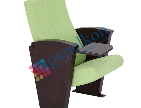 Ilgın conference chair with a long wooden arm, internal folding table, and half wooden seat upholstery,