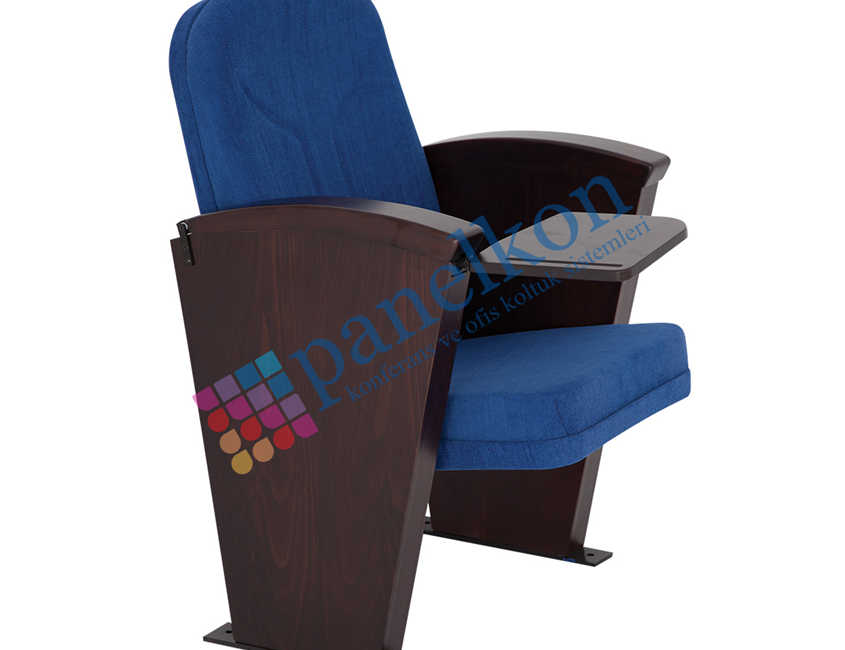 ROM LONG WOODEN ARM CONFERENCE CHAIR WITH INTERNAL WRITING TABLE; UPHOLSTERED BACKREST AND SEAT