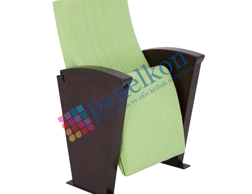 Ilgın conference chair with a long wooden arm, internal folding table, and half wooden seat upholstery,