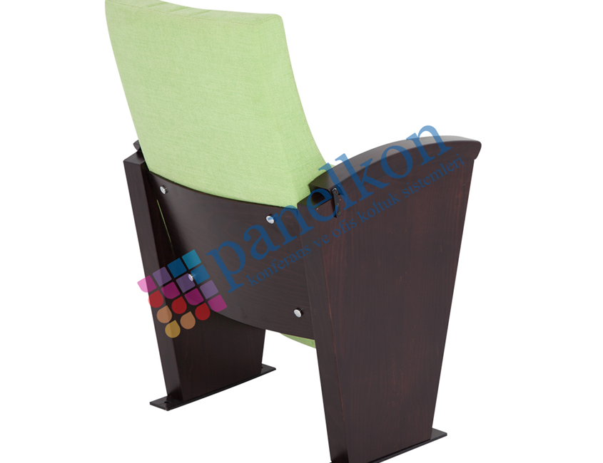 Ilgın conference chair with a long wooden arm, internal folding table, and half wooden seat upholstery,