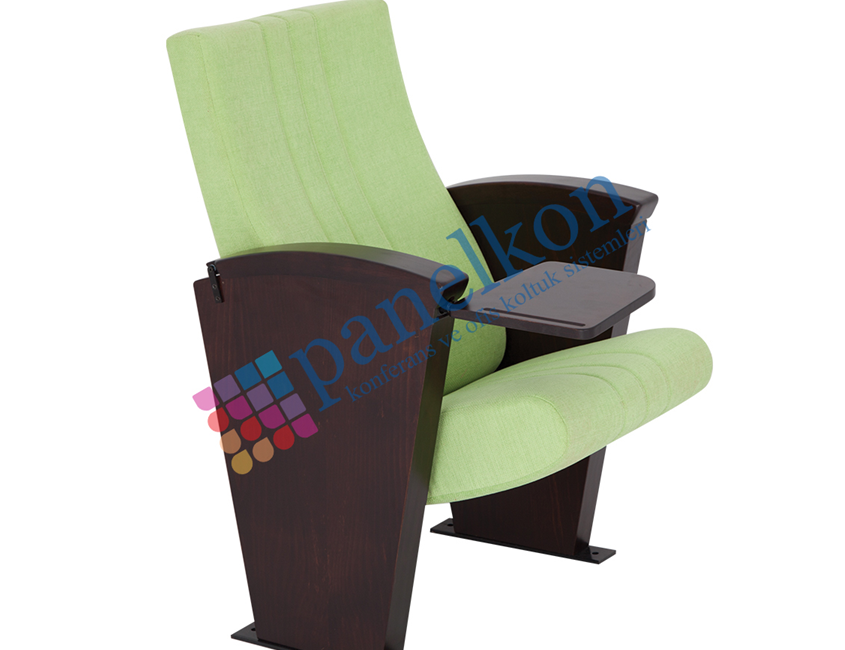 Ilgın conference chair with a long wooden arm, internal folding table, and half wooden seat upholstery,