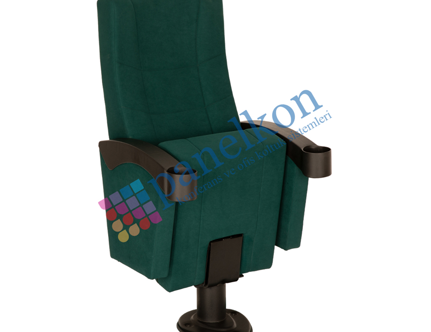 Vera, Upholstered Half Wood Arm with Plastic Cup Holder, Fully Upholstered Back and Seat, Single Leg Spring Mechanism.