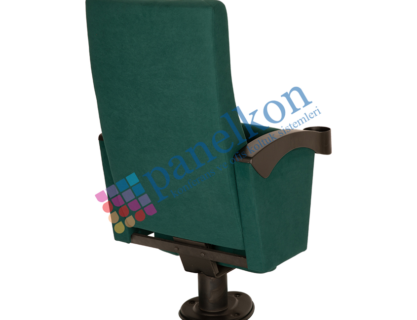 Vera, Upholstered Half Wood Arm with Plastic Cup Holder, Fully Upholstered Back and Seat, Single Leg Spring Mechanism.